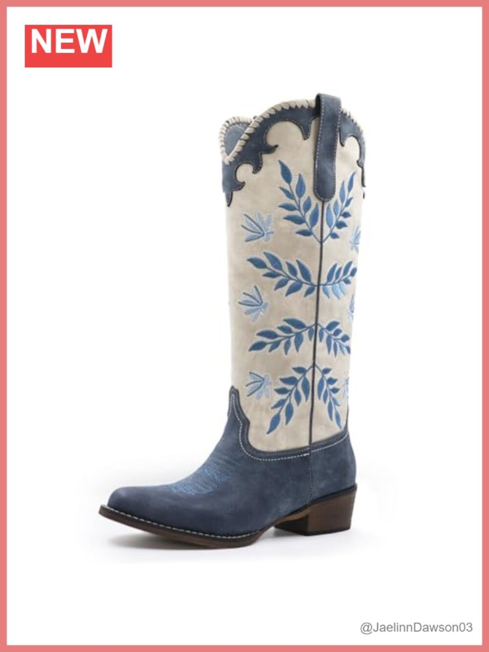 Women's Leaf Embroidered Pull-On Cowboy Boots Knee High Round Toe Chunky Heel